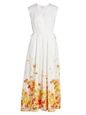 Derek Lam Io Crosby Nara Border Print Cotton Poplin Cinch Waist Midi Dress
